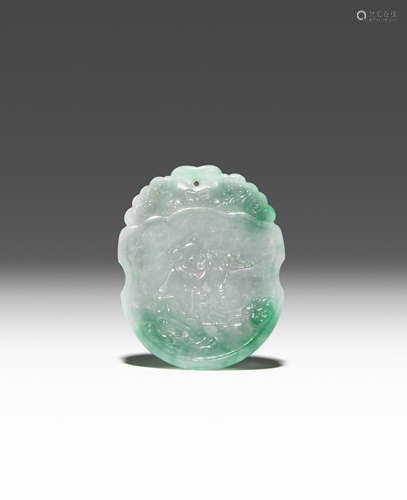 A CHINESE APPLE GREEN JADEITE PENDANT QING DYNASTY Carved in low relief with a boy holding a long