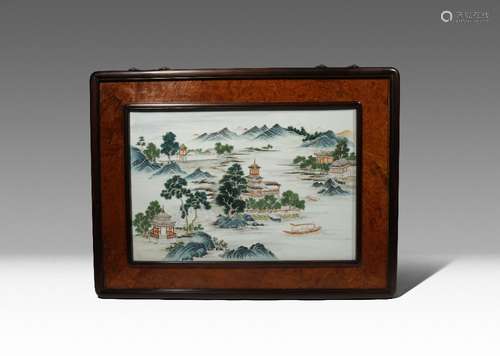 A CHINESE ENAMELLED PORCELAIN RECTANGULAR 'LANDSCAPE' PLAQUE REPUBLIC PERIOD The panel painted