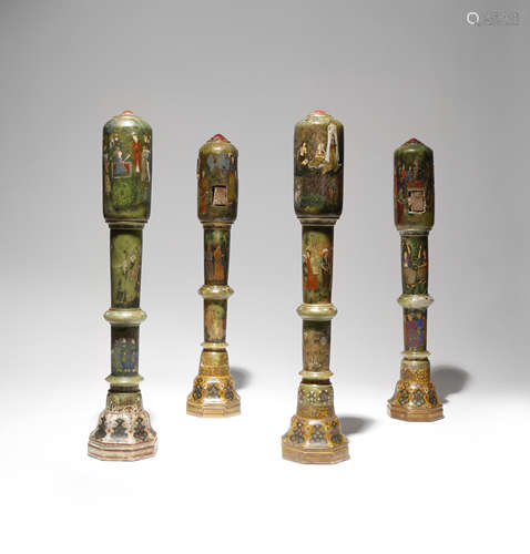 FOUR INDIAN MARBLE CHARPOY LEGS 19TH CENTURY Painted with nobles, ladies, soldiers and other figures