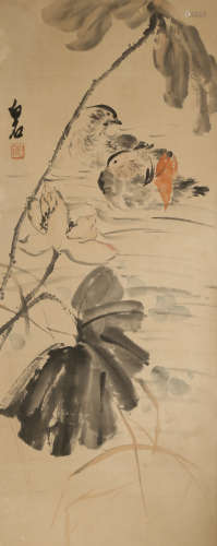 AFTER QI BAISHI MANDARIN DUCKS A Chinese scroll painting, ink and colour on paper, with a
