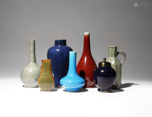 SEVEN SMALL CHINESE MONOCHROME ITEMS QING DYNASTY Comprising: a ge-type bottle vase, a small