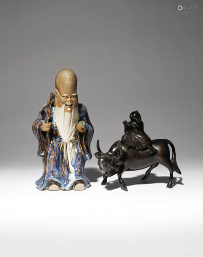 A CHINESE SHIWAN WARE FIGURE OF SHOULAO AND A BRONZE INCENSE BURNER AND COVER QING DYNASTY The God