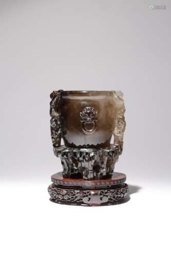 A LARGE CHINESE SMOKY QUARTZ 'BOYS' VASE LATE QING DYNASTY Carved in high relief as five boys upon a