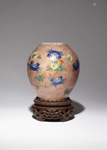 A CHINESE WUCAI 'SAN DUO' VASE TRANSITIONAL C.1640 The ovoid body tapering towards the foot, painted