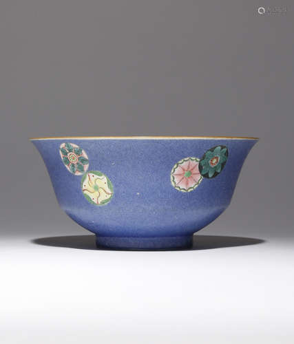 A CHINESE FAMILLE ROSE BLUE-GROUND BOWL SIX CHARACTER QIANLONG MARK AND OF THE PERIOD 1736-95