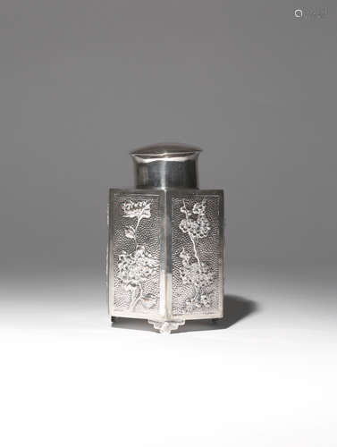 A CHINESE SILVER HEXAGONAL-SECTION TEA CANISTER AND COVER C.1900 Decorated to each facet with sprays