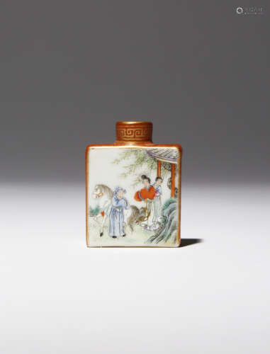 A CHINESE FAMILLE ROSE IRON-RED GROUND SNUFF BOTTLE 19TH CENTURY Of flattened form, painted to one