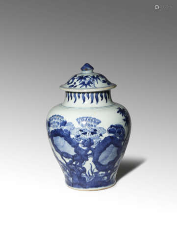 A CHINESE BLUE AND WHITE BALUSTER VASE AND COVER TRANSITIONAL C.1640 Painted with a continuous scene