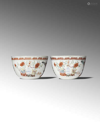 A PAIR OF SMALL CHINESE FAMILLE ROSE 'HUNDRED ANTIQUES' WINE CUPS 18TH/19TH CENTURY Decorated in