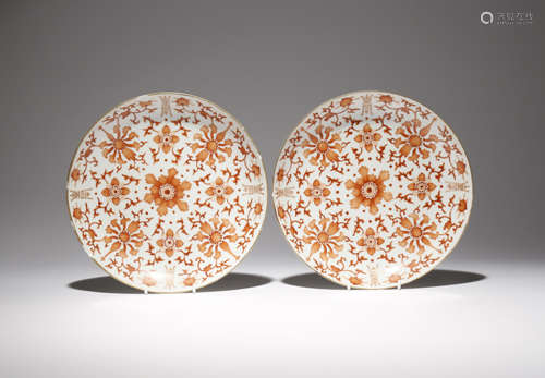 A PAIR OF CHINESE IRON-RED 'LOTUS' DISHES SIX CHARACTER TONGZHI MARKS AND OF THE PERIOD 1862-74