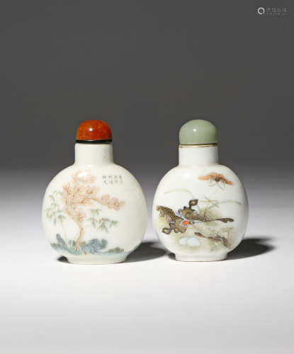 TWO CHINESE ENAMELLED PORCELAIN SNUFF BOTTLES FOUR CHARACTER DAOGUANG MARKS AND OF THE PERIOD 1821-