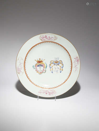 A LARGE CHINESE FAMILLE ROSE ARMORIAL 'MARRIAGE' DISH FOR THE DUTCH MARKET C.1750 Painted with the