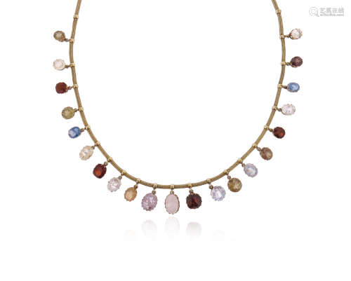 An Edwardian gem-set silver gilt fringe necklace, set with cushion-shaped quartz, sapphires and