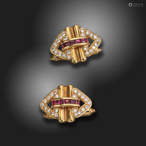 A pair ruby and diamond-set gold cufflinks, set with a line of square-shaped rubies and round