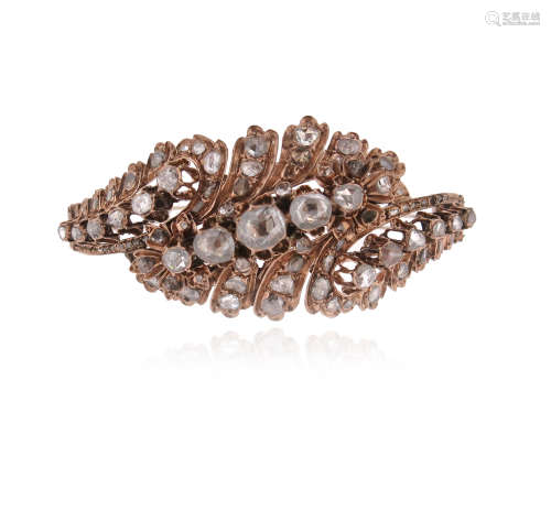 A rose-cut diamond-set bangle, of foliate design, set with rose-cut diamonds in low carat gold, 5.