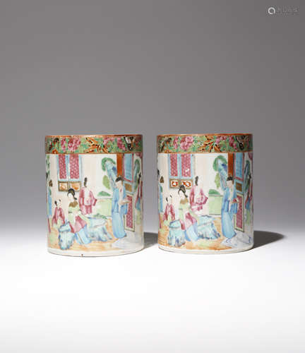 A PAIR OF CHINESE CANTON FAMILLE ROSE CYLINDRICAL BRUSHPOTS, BITONG 19TH CENTURY Each painted in