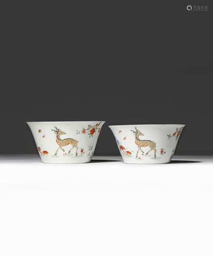 A NEAR PAIR OF CHINESE ENAMELLED 'DEER AND MONKEY' TEA BOWLS 18TH CENTURY With flared bodies, each