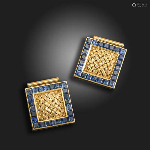 A pair of sapphire and gold cufflinks by Van Cleef & Arpels, of square form, set with stylised woven