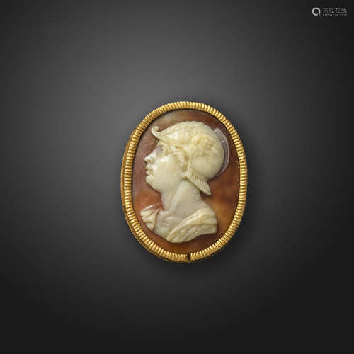 An early 18th century sardonyx cameo depicting Mercury, in profile and with winged helmet, set in