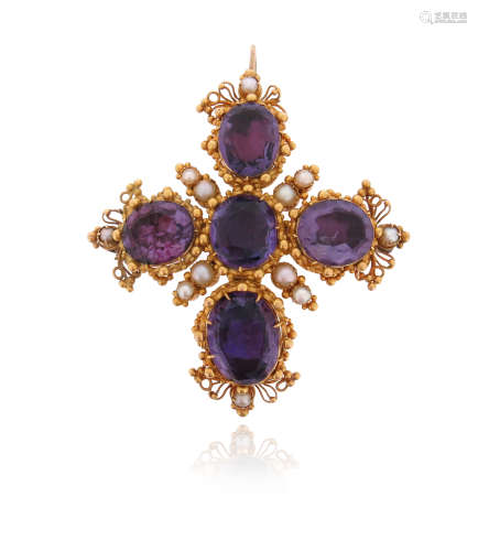 An early 19th century amethyst and pearl brooch pendant, the graduated oval-shaped amethysts set
