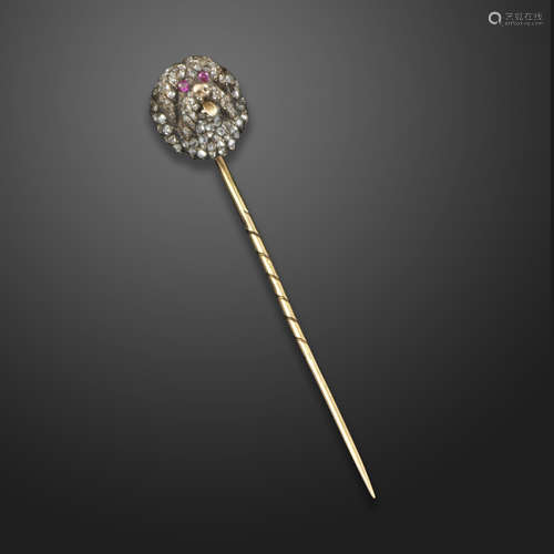 A Victorian ruby and diamond-set dog stickpin, the English sheepdog pave-set with rose-cut