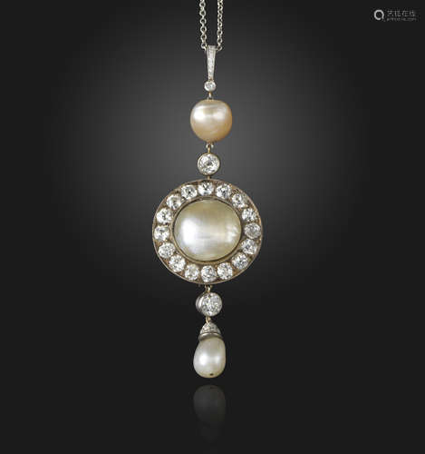 A natural pearl and diamond pendant, the circular centre section set with a natural pearl set within