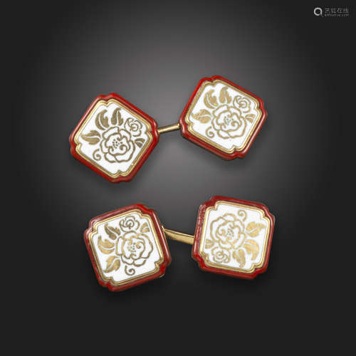 A pair of early 20th century enamel and gold cufflinks by Cartier, of chamfered-edge square form