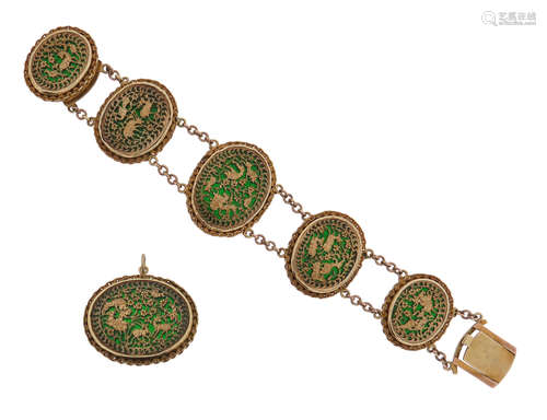 An Indian gold Pertabghar bracelet and brooch, the oval links with green enamel decoration depicting