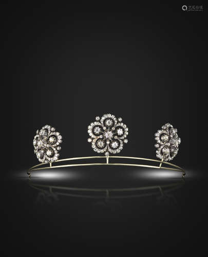 A set of three graduated Victorian diamond brooches mounted as a tiara, the cinquefoil clusters