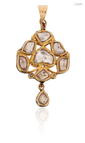 An Indian diamond and enamel pendant, set with seven flat-cut diamonds and suspending a further