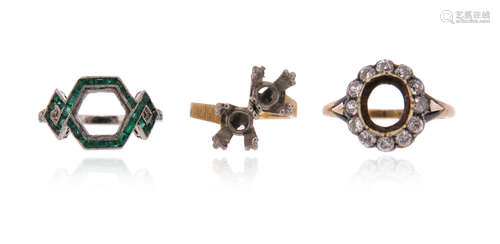 Three ring mounts, including a cluster setting with an oval surround of old circular-cut diamonds in