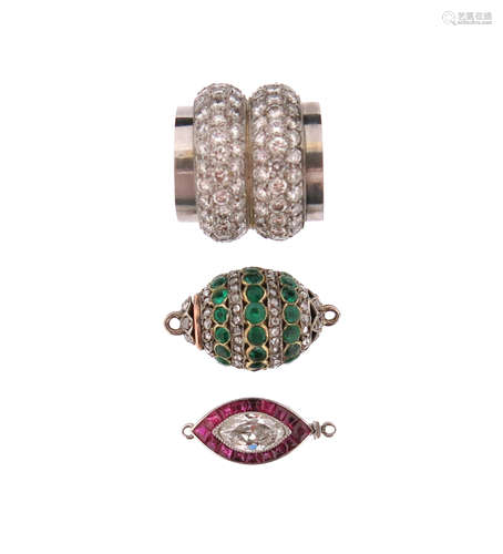 Three diamond and gem-set clasps, including a navette-shaped ruby and diamond clasp, 16mm, a