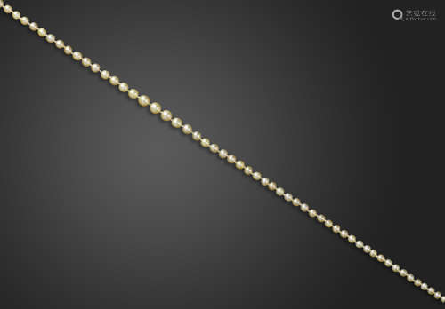 A single-row natural pearl necklace, the pearls graduate from 1.8 - 4.9mm approximately, with an