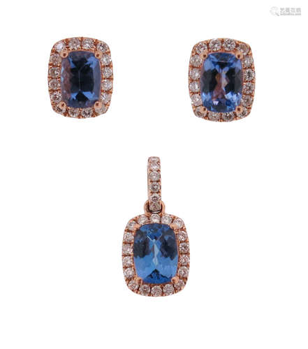 A set of diamond and tanzanite-set jewellery, comprising a pendant and earrings, set with cushion-