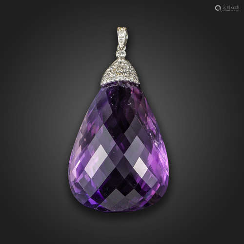 An amethyst and diamond pendant, the briolette-cut amethyst suspends from a diamond-set cap, with