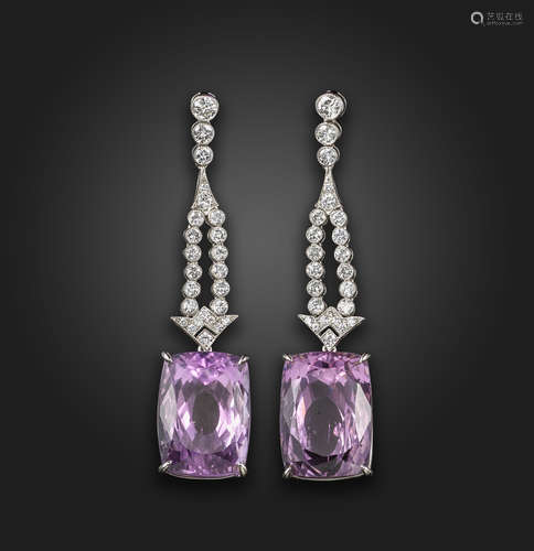 A pair of kunzite and diamond drop earrings, the cushion-shaped kunzites suspend from diamond-set