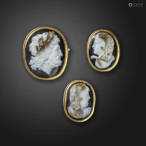 A set of three 19th century sardonyx cameos, depicting the heads of Hercules, Omphale and Zeus