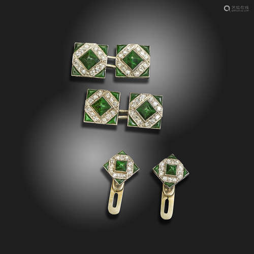 A set of diamond and green stone-set cufflinks and studs by Cartier, all of square form with