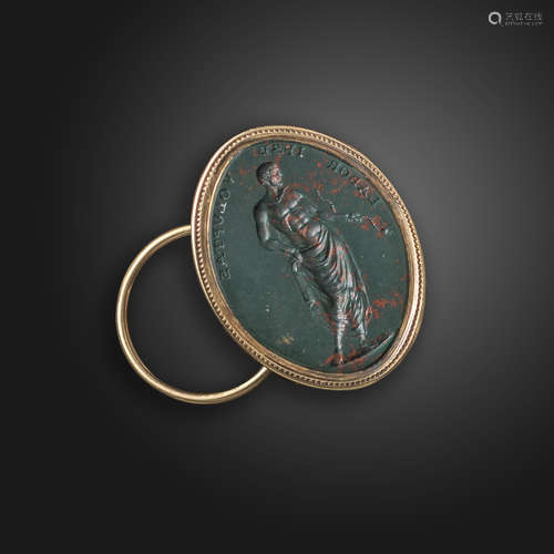 An early 19th century bloodstone intaglio-mounted fobseal, the intaglio depicting Asclepius