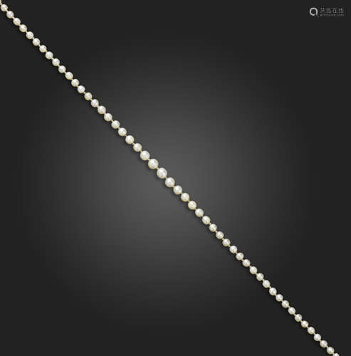 A single-row natural pearl necklace, the pearls graduate from 2.3 - 4.8 mm, with a rose-cut