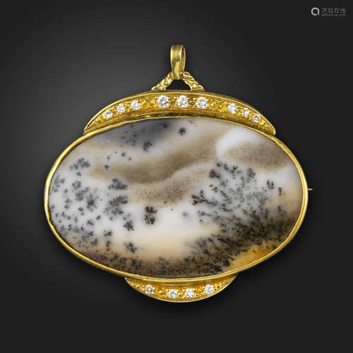 A moss agate and diamond-set gold brooch pendant by Geoffrey Rowlandson, the oval moss agate with