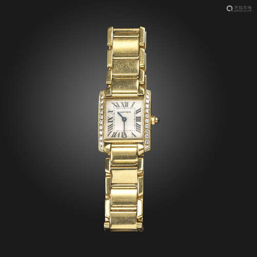 A Tank Francais diamond-set gold wristwatch by Cartier, the signed rectangular dial with black Roman