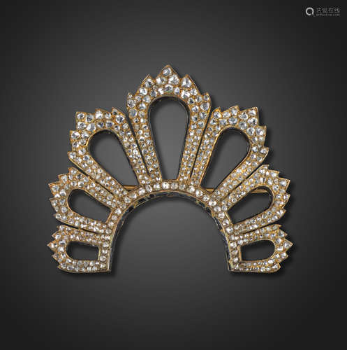 A late 19th century coronet style diamond and enamel brooch, set overall with rose-cut diamonds