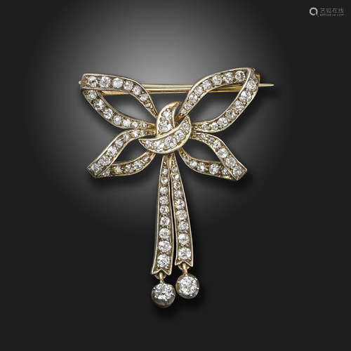 A Victorian diamond-set bow brooch, set overall with graduated old-cut diamonds in silver and