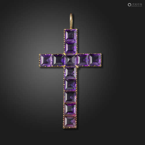 A Victorian amethyst and gold cruciform pendant, the cross set with square amethysts in yellow gold,