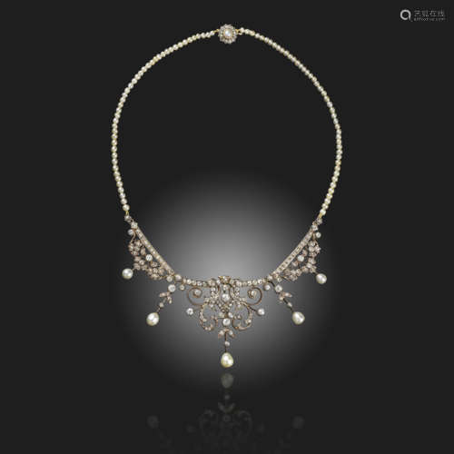 A late 19th century natural pearl and diamond choker necklace, converting to tiara, of scrolling