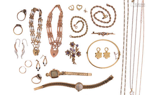 Various items of gold jewellery, including a bangle, two bracelets, a wristwatch, chains, earrings