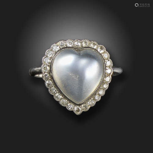 A moonstone and diamond heart ring, the cabochon moonstone set within a surround of old cushion-