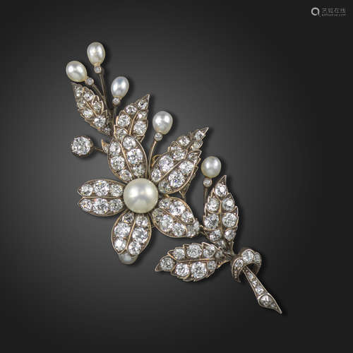 A Victorian natural pearl and diamond foliate brooch, set overall with graduated old circular-cut