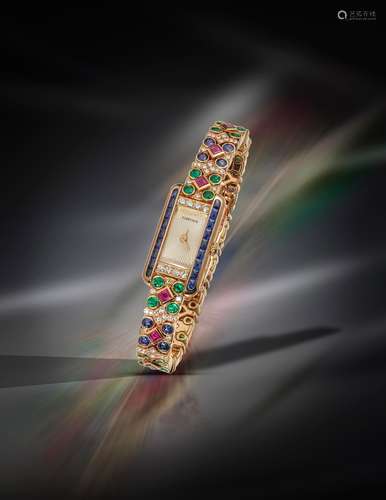 A lady's gem-set 'St Petersburg' Tank Allongée gold wristwatch, by Cartier, the mini tank allongιe